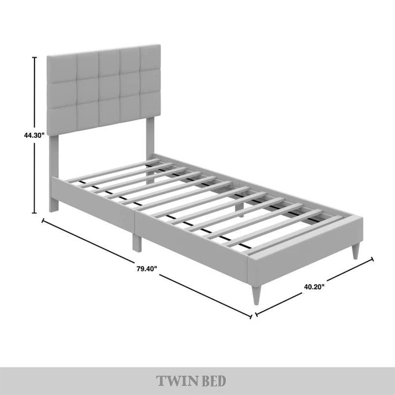Beige / Light Grey / Black Linen Upholstered Platform Bed with Square Stitching Headboard – Twin / Full / Queen / King