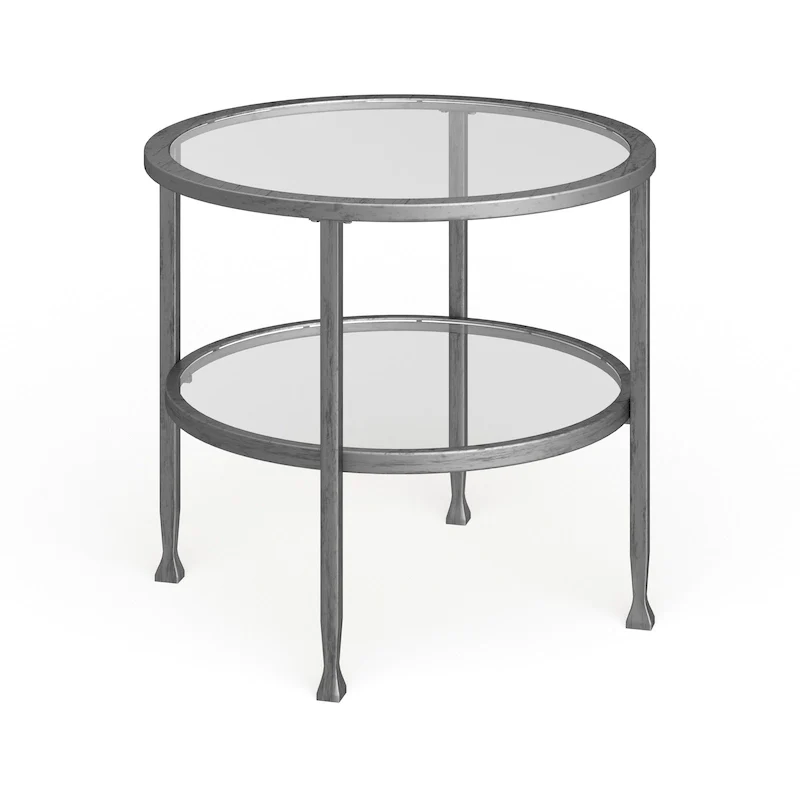 Silver Metal Round Side Table with Shelf