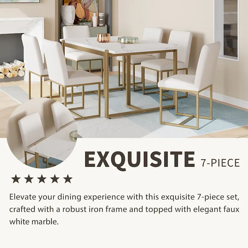 Modern Rectangular Dining Set - Faux Marble Table and 6 Upholstered Chairs