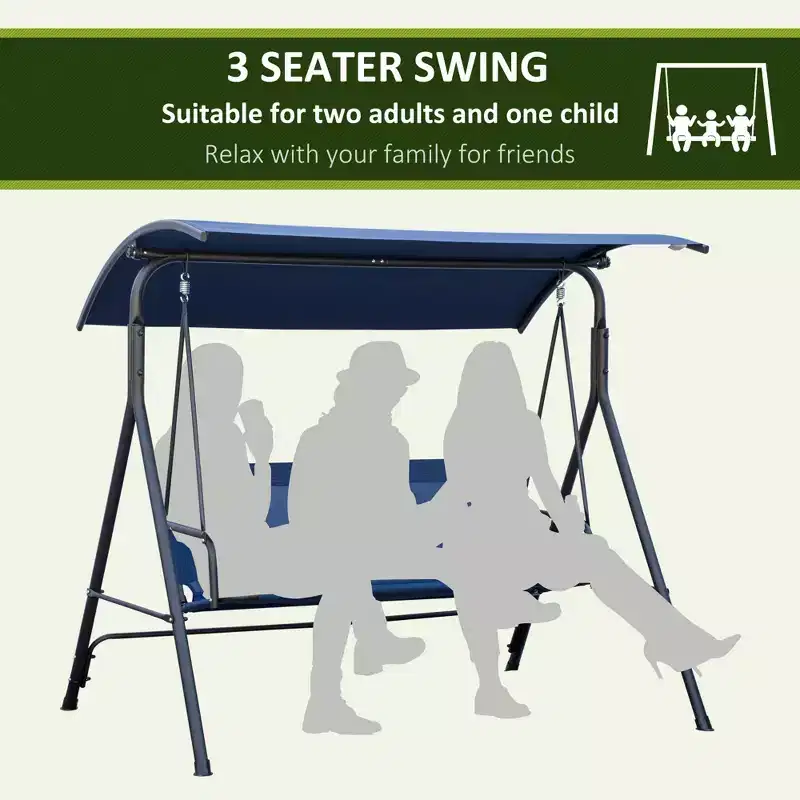 3-Person Patio Swing Chair with Adjustable Canopy and Cushions, Dark Blue