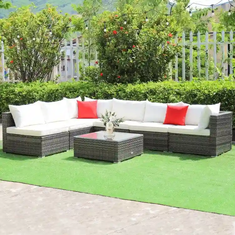 Patio Rattan Furniture Set Sectional Sofa Garden Cushion - 7 Pieces - Armless Sofa: 29