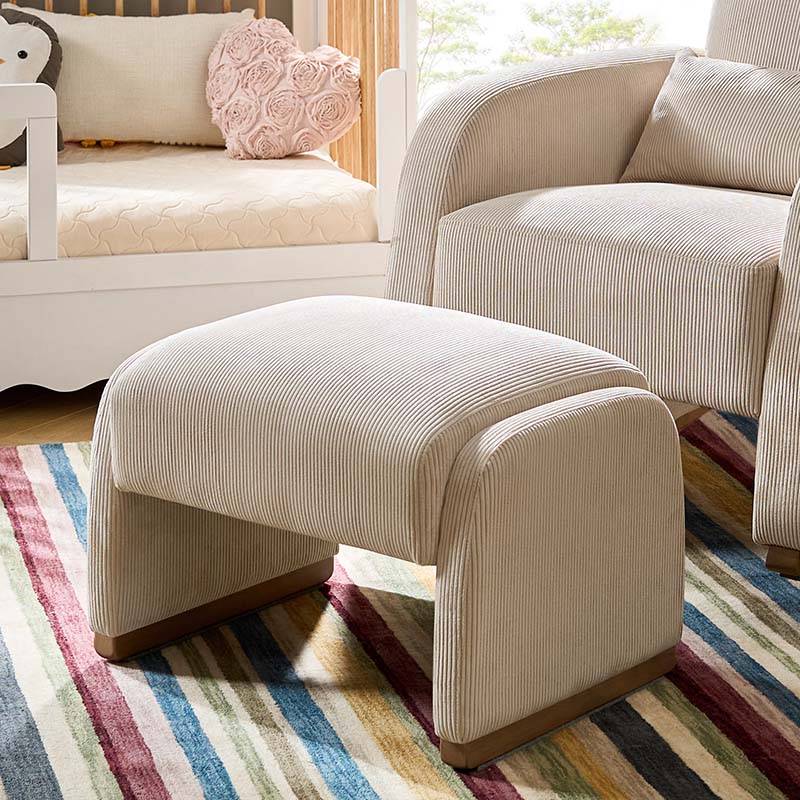 Rounded Corduroy Ottoman with Rubberwood Legs | Beige / Grey / White | Single
