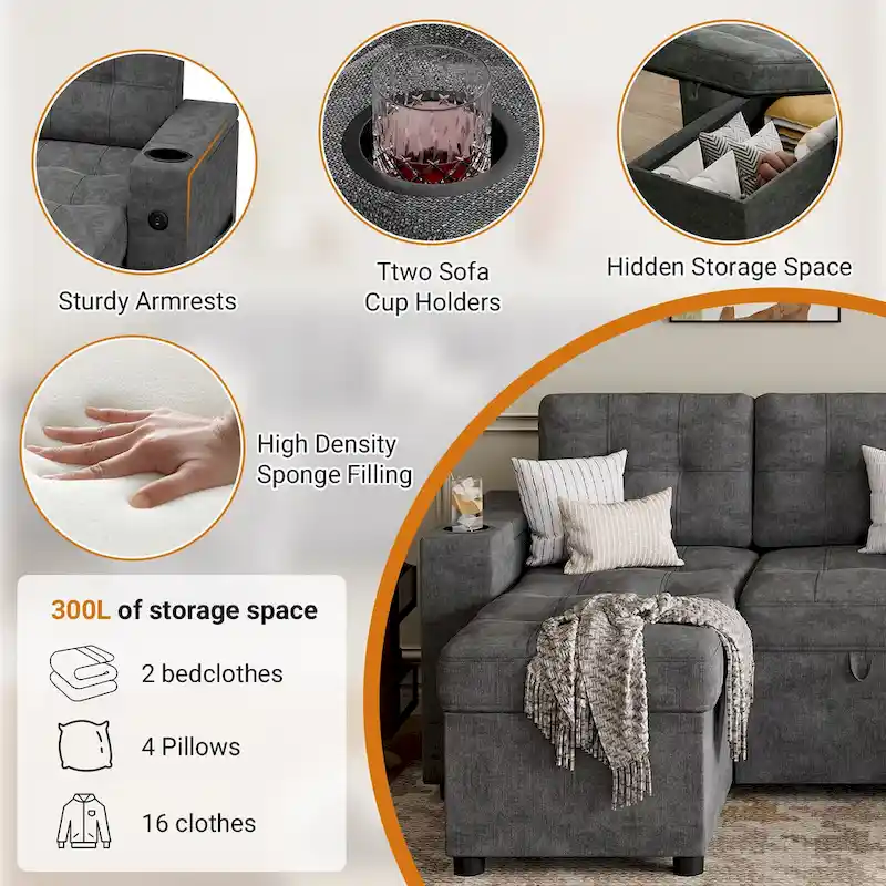 U-Shaped Sectional Sofa with Double Chaise,2 in 1 Pull Out Couch Bed,U-Shaped Sofa Couch Bed,Sleeper Sofa with Pull Out Bed