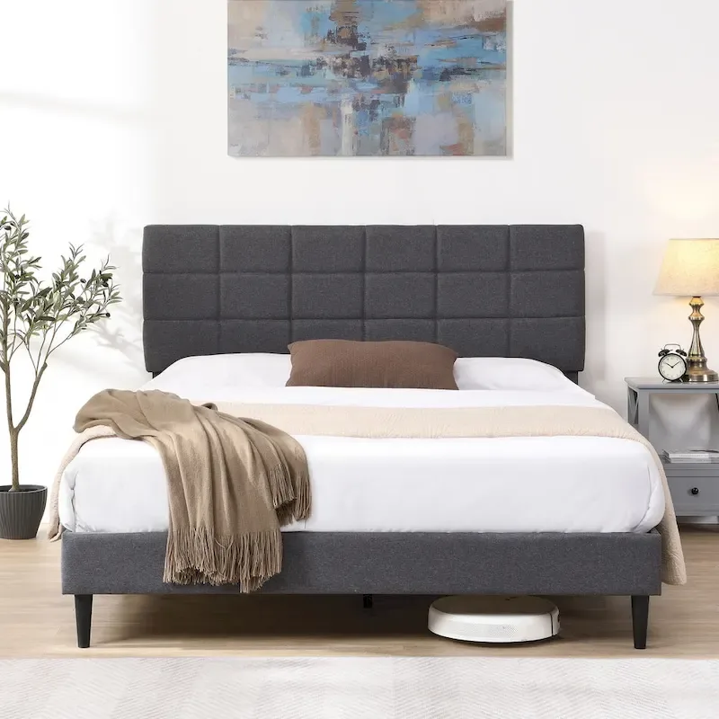 Upholstered Platform Bed, Square Tufted Headboard, Fabric, Modern Style, Beige / Grey, Full / Queen / King, 2 People
