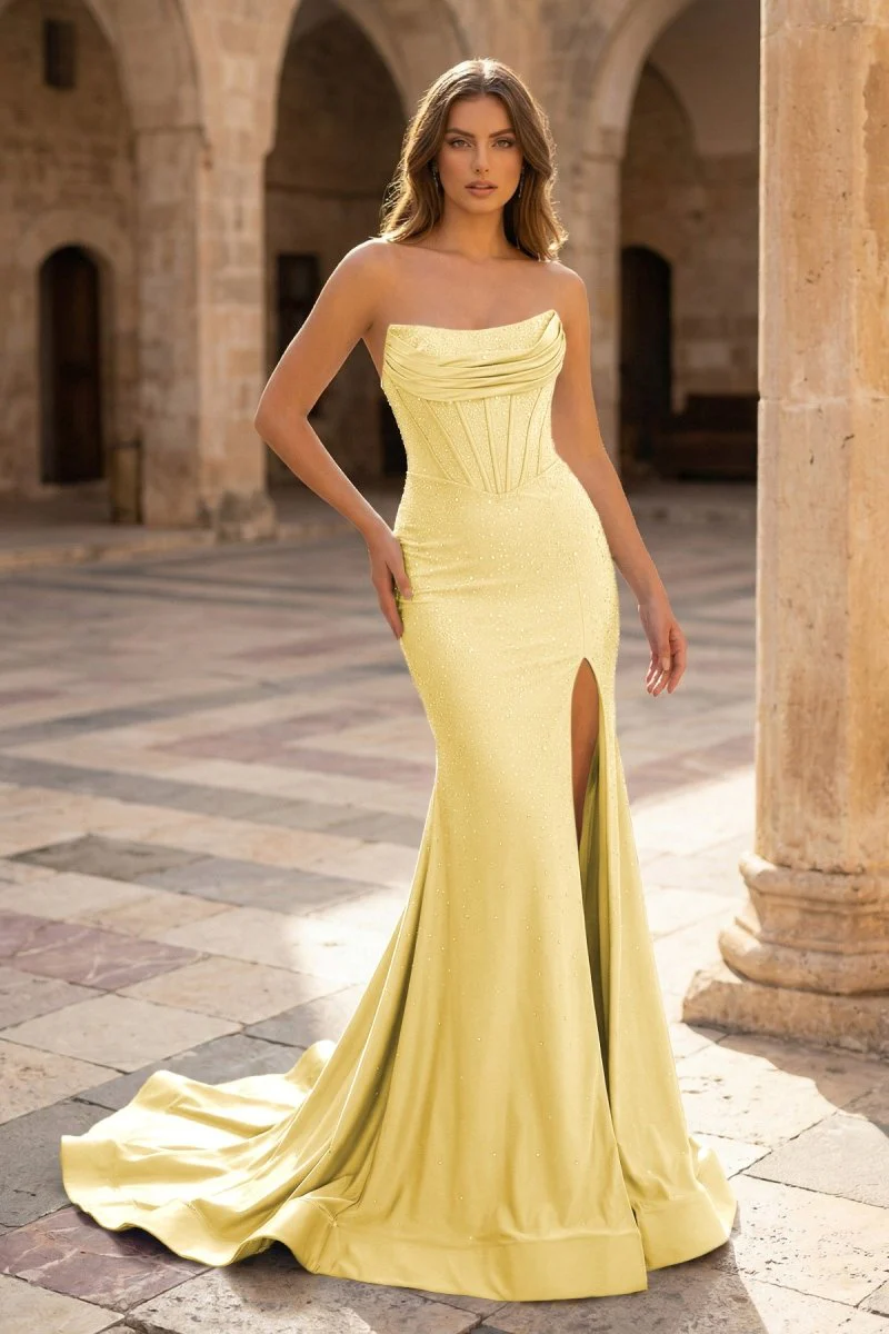 Sky Blue Strapless Satin Beaded Mermaid Long Prom Dresses With Slit