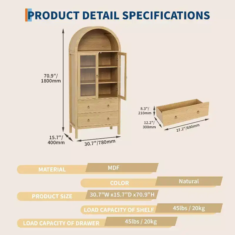 Acekool Arched Pantry Cabinet, 71 Farmhouse Display with Glass Doors & 2 Drawers, Adjustable Shelves for Kitchen, Dining Room, Bathroom