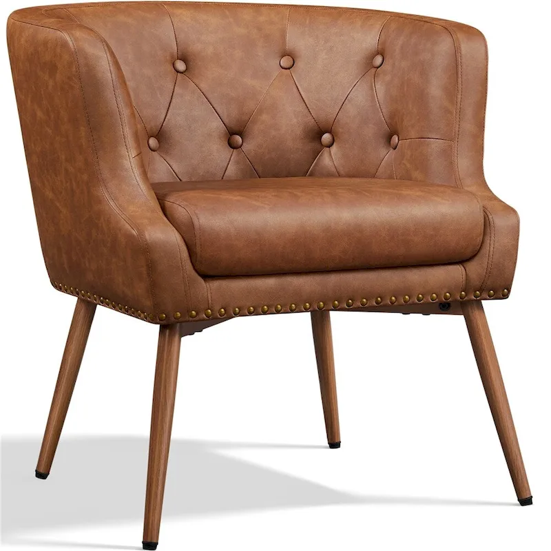 Button Tufted Faux Leather Accent Chair with Metal Legs Barrel Chair