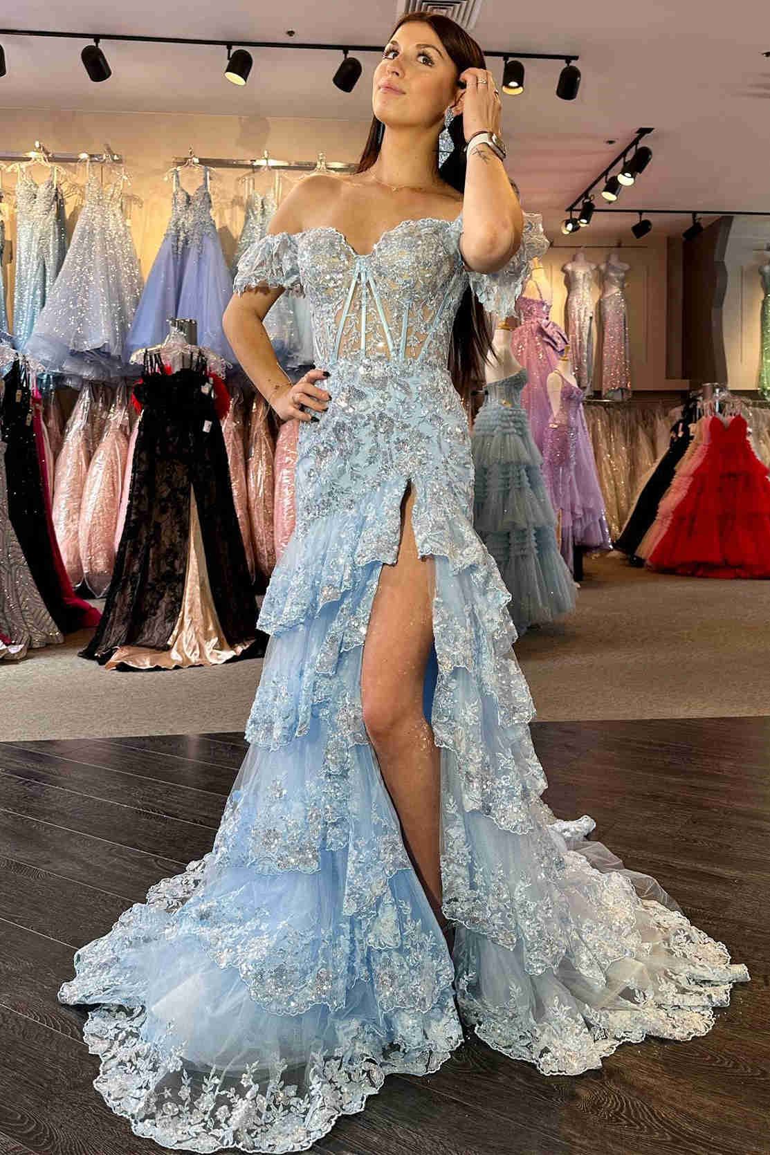 Sheath Off the Shoulder Long Lace Prom Dress (Lace-up Back)