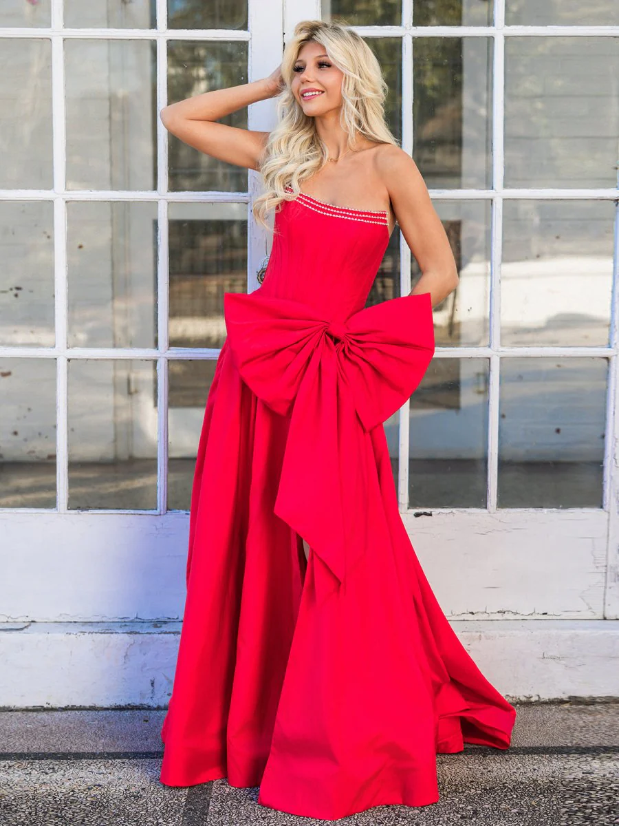 Trendy Red Strapless A-Line Satin Long Corset Prom Dress with Bow