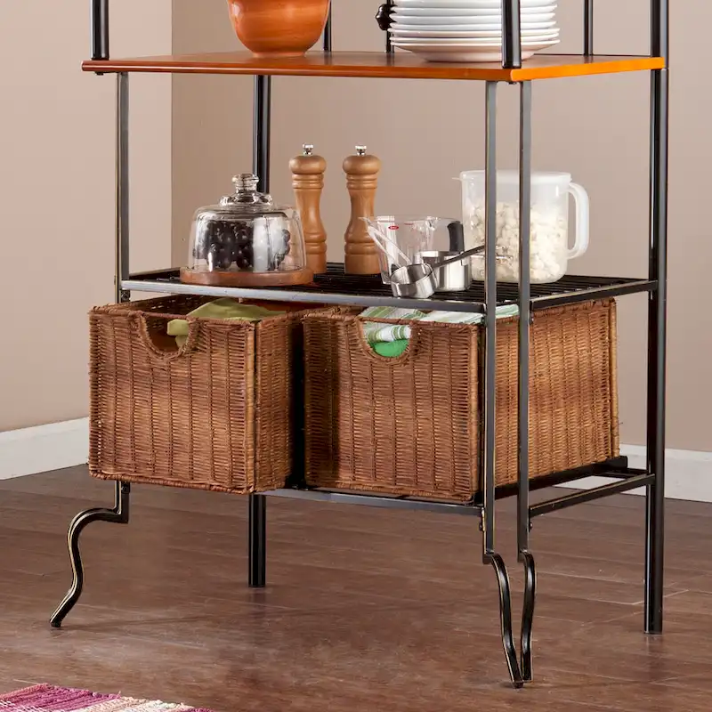 SEI Furniture Docherty Black Baker's Rack with Rattan Baskets