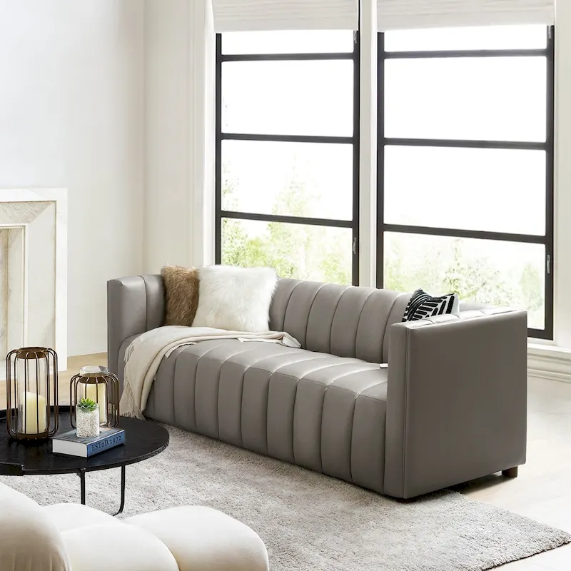 Modern Camel 83-Inch Genuine Leather Curved Couch with Channel Back