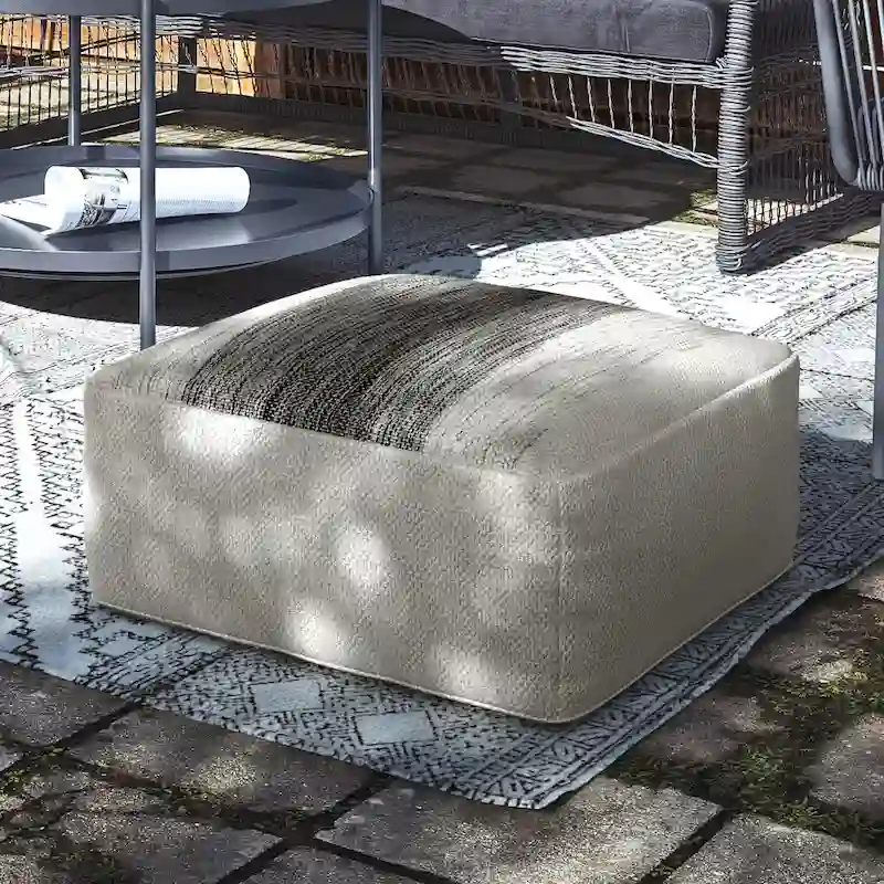Grey & White Stripe Square Pouf, Indoor/Outdoor, 1-Person