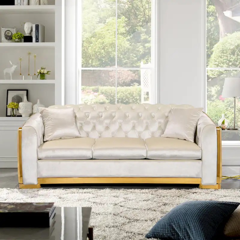 Velvet Luxury Chesterfield Sofa, 84 Inches Tufted 3 Seat Couch with Gold Stainless for Living Room, Beige Fabric