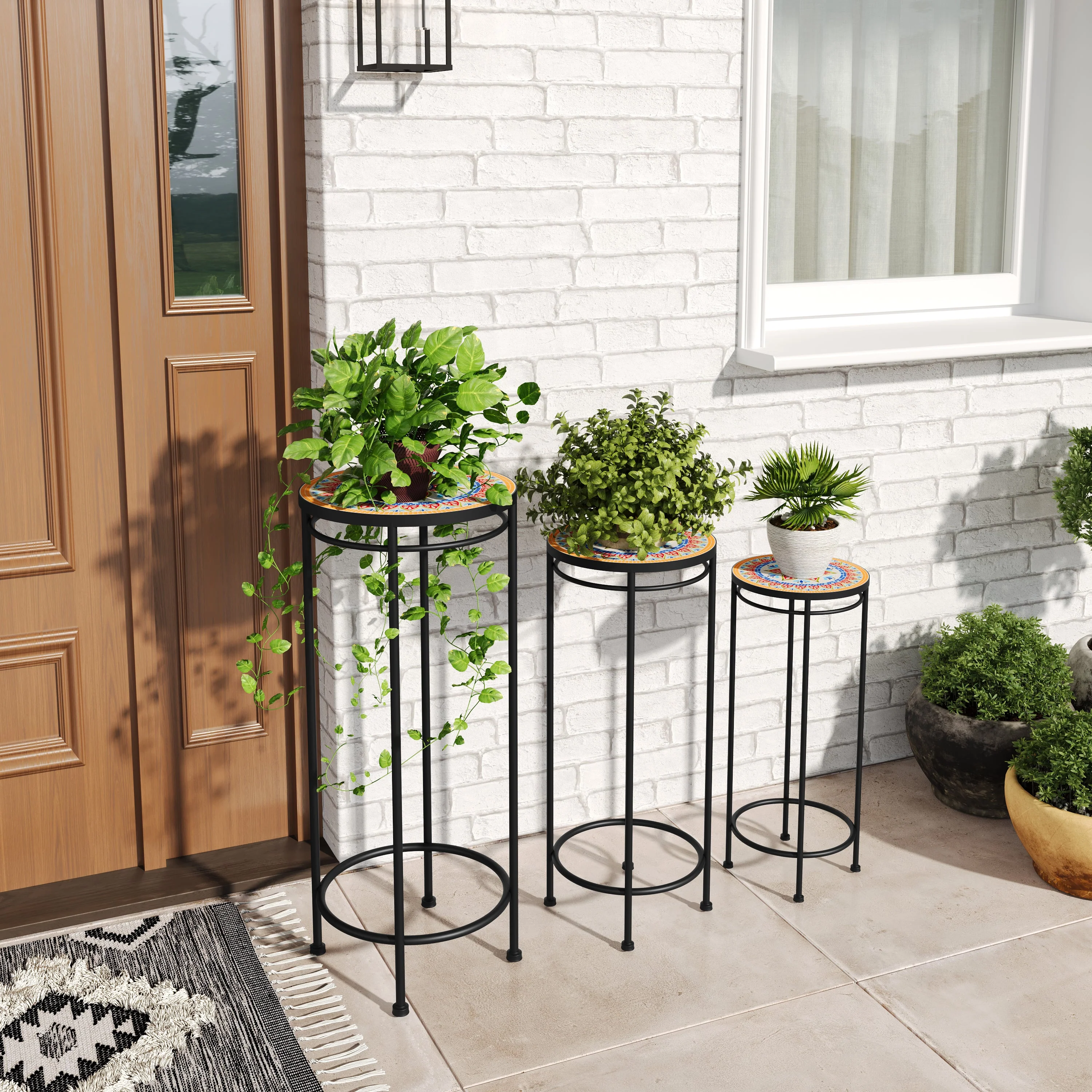 Salamande Outdoor Patio Plant Stands, Ceramic Tile, Iron, Set of 3