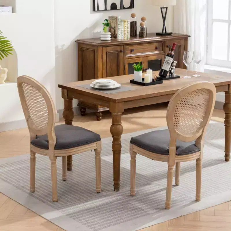 Set of 2 French Style Dining Chairs Upholstered Chairs Accent Chairs Armless Chairs with Rattan Back/Upholstered Back, Natural+Beige/Gray-ModernLuxe