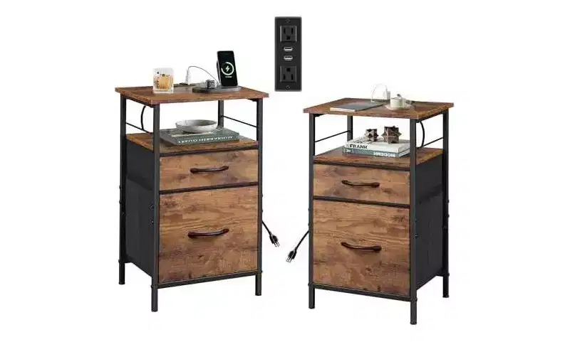 DEXYLLO Nightstand Set of 2 with Charging Station, End Table with 2 Fabric Drawers for Storage, Small Bedroom Dresser, Side Table for Living Room