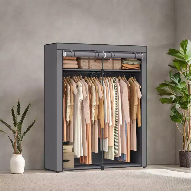 55.1 x 16.9 x 68.5 Inches Portable Clothes Storage Organizer, Non-Woven Fabric Covered Wardrobe Closet with Clothes Rail Gray