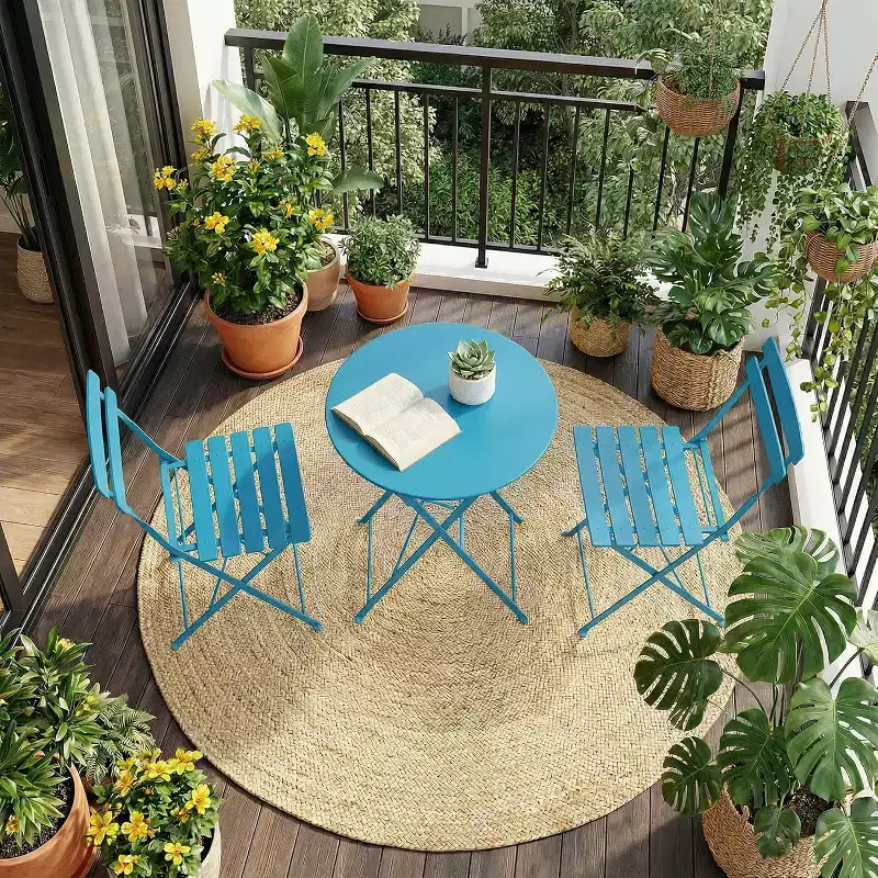 GustoWave 3-Piece Foldable Metal Bistro Set With Round Table, 2 Chairs