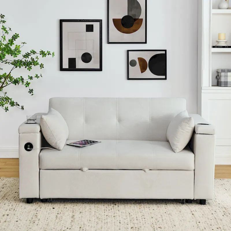 2-Seat Sleeper Sofa Bed with USB Power Outlet, Side Pockets and Lumbar Pillow