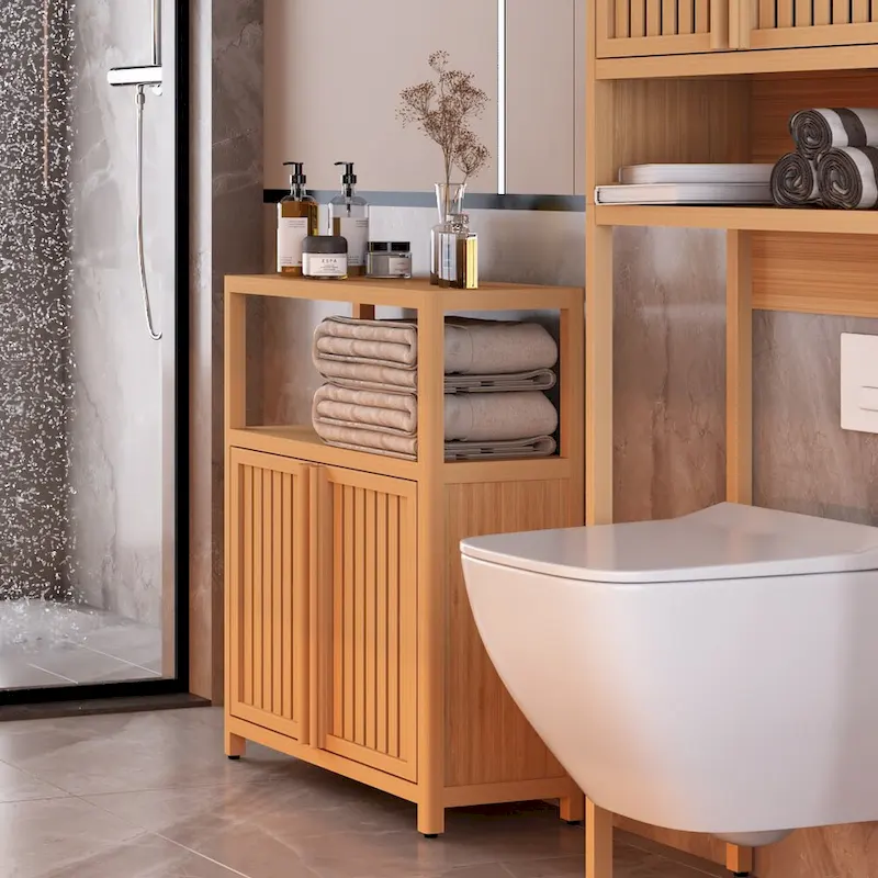 Freestanding Bathroom Linen Cabinet, Natural Bamboo Wood Cabinet with Flat Doors and Open Storage Shelf