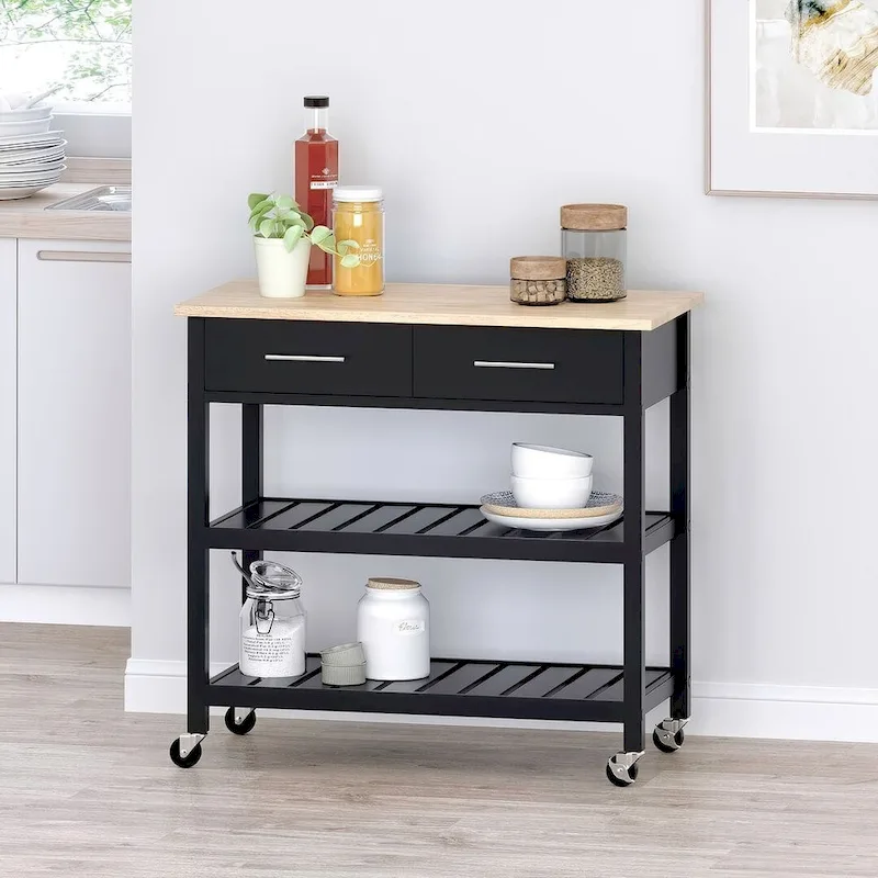 Modern White Wood Kitchen Cart with Wheels Drawers and Shelves by