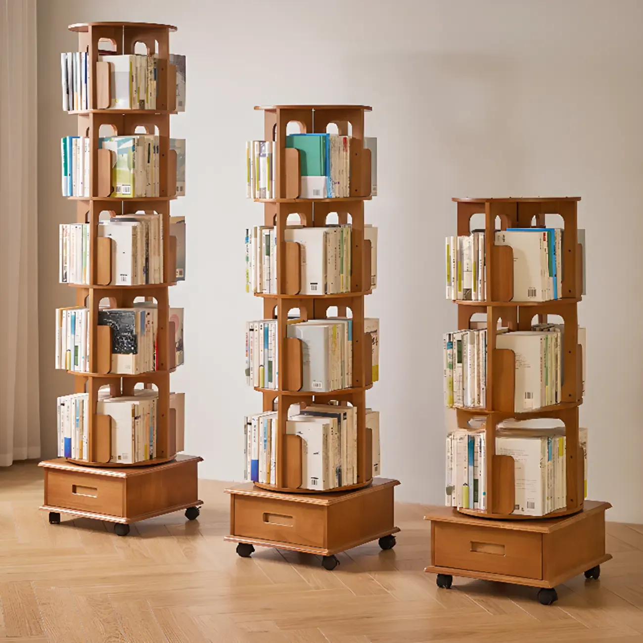 Narrow Rotating Cherry Wood Vertical Bookcase With Drawer