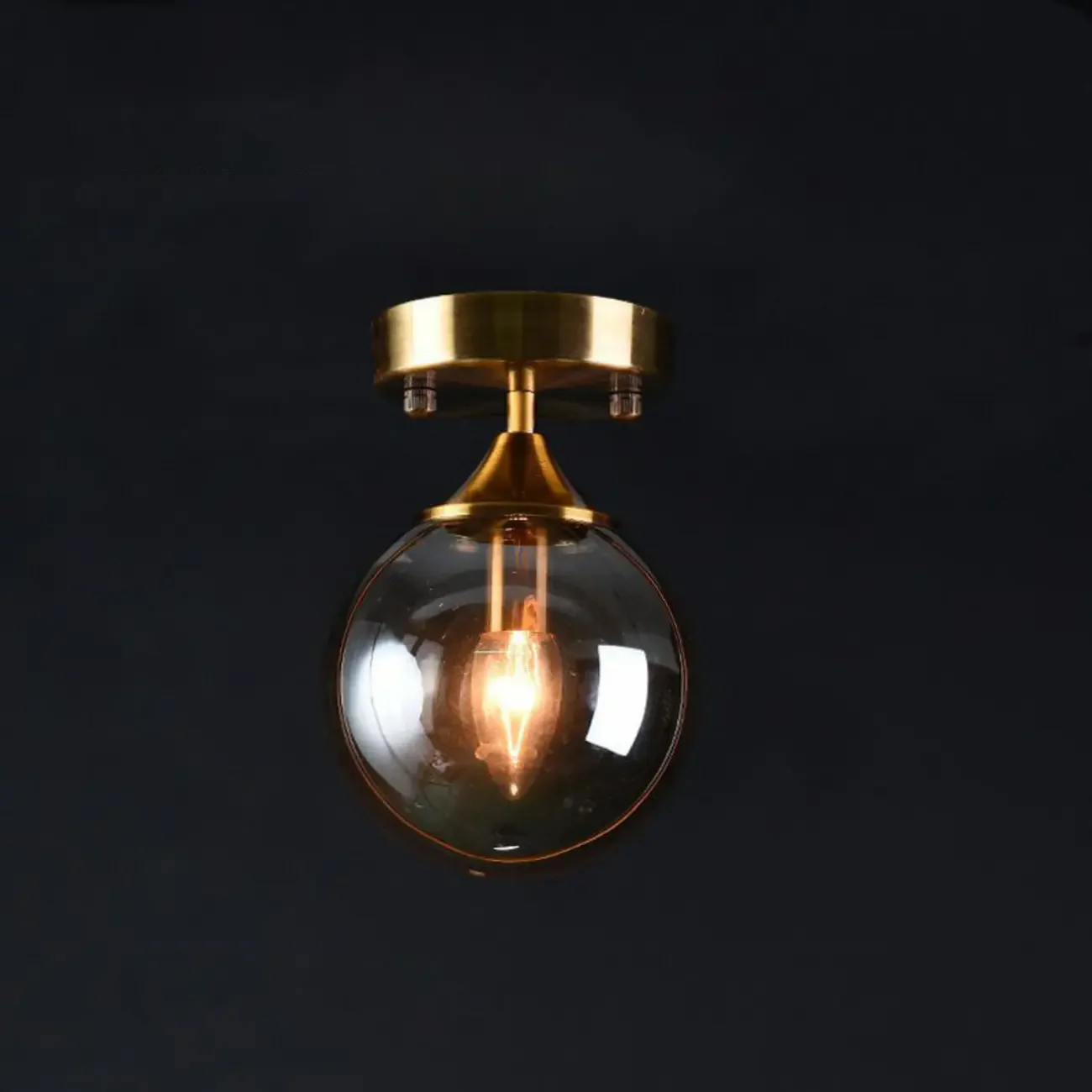 1-Light Circular Brass Glass Ball Semi Flush Ceiling Light