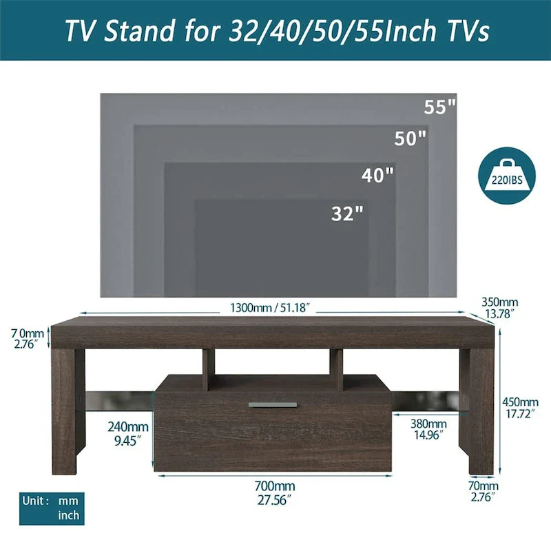 51  Modern LED TV Stand with Cabinet, 20 Minutes Quick Assembly - 51.18inch*13.78inch*17.72inch