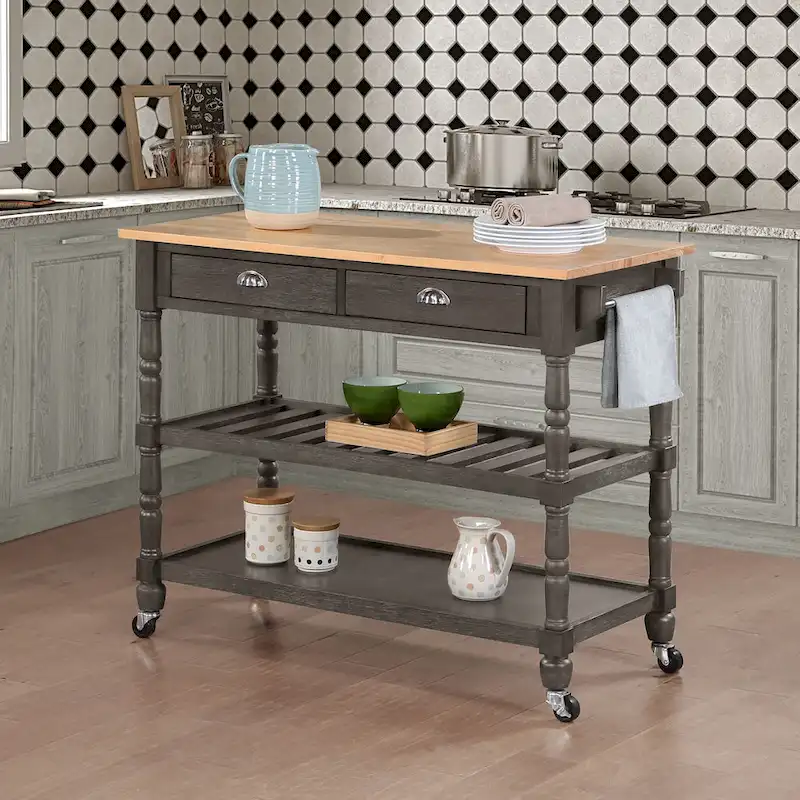 Natural Wood Butcher Block Kitchen Cart with 3 Tiers