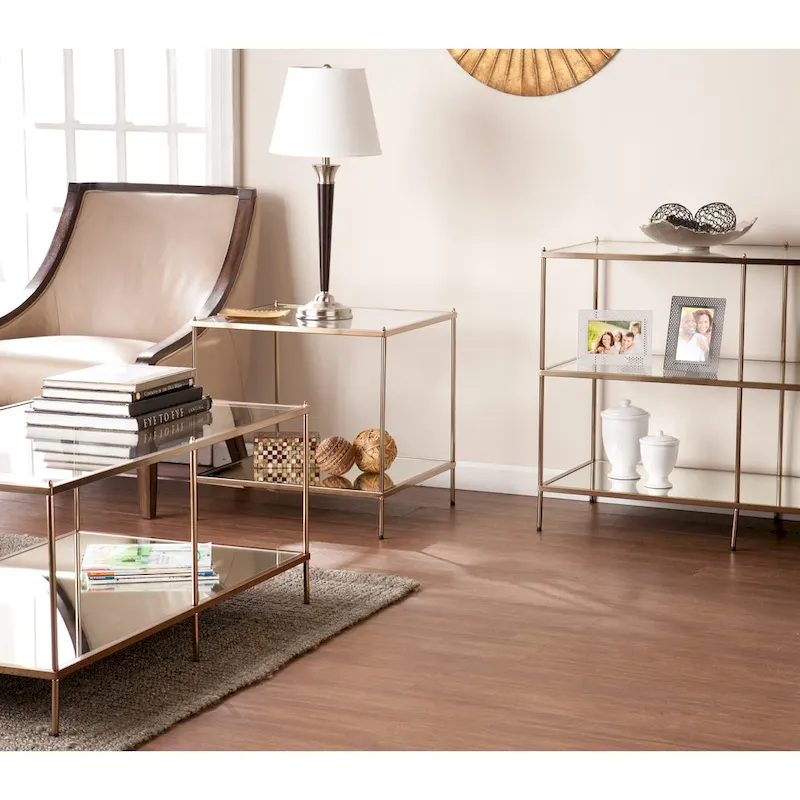 Rectangular Coffee Table - Gold, Glass Top with Mirrored Shelf, Multi-User