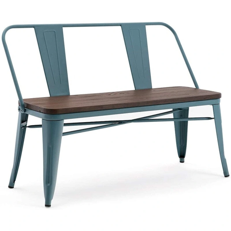 Dining Bench, Entryway Bench with Back, Farmhouse Metal Dining Bench, Industrial Mid-Century 3 Person Bench, Wood Seat