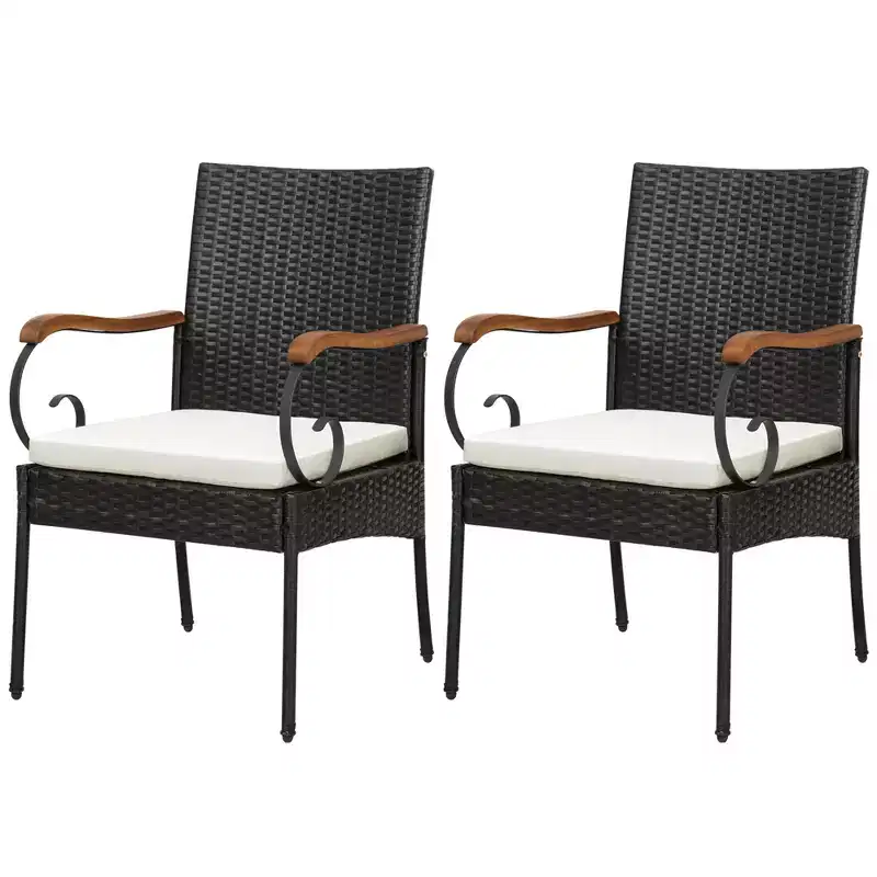 Costway Patio PE Wicker Chairs Acacia Wood Armrests with Soft Zippered Cushion Garden