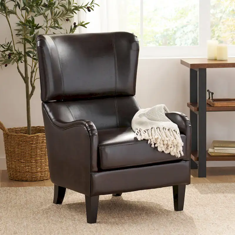 High-Back Wingback Accent Chair with Birch Legs, Single Seat (Navy Blue / Charcoal / Brown)