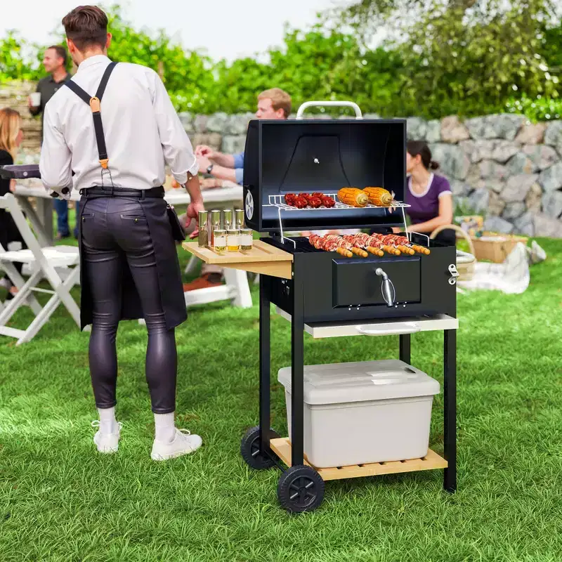 Outsunny Charcoal BBQ Grill, Portable Barbecue Grill for Camping or Backyard Picnic with Side Table, Bottom Storage Shelf, Wheels and Handle, Black