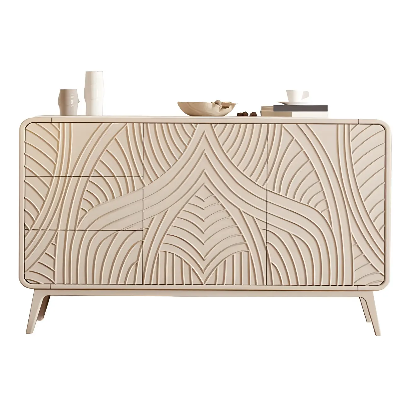 Glam White-Wood Protruding Lines Soft-Close Drawers Dresser