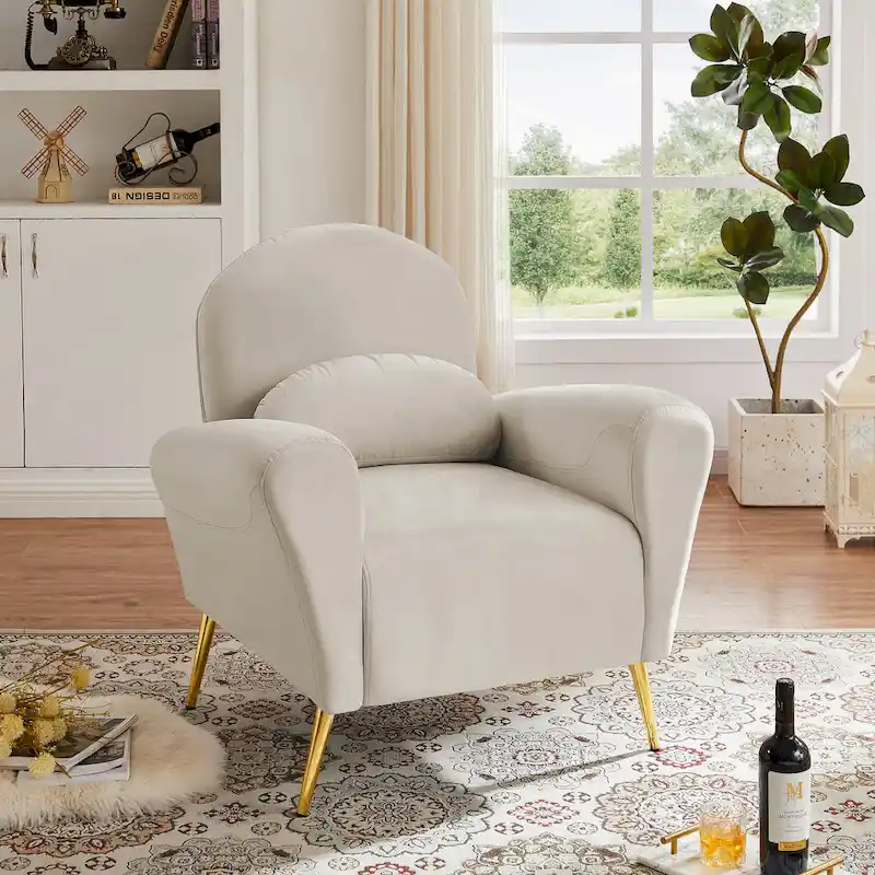 Velvet Modern Accent Chair Comfy Upholstered Armchair with Pillow and Golden Metal Lges for Living Room