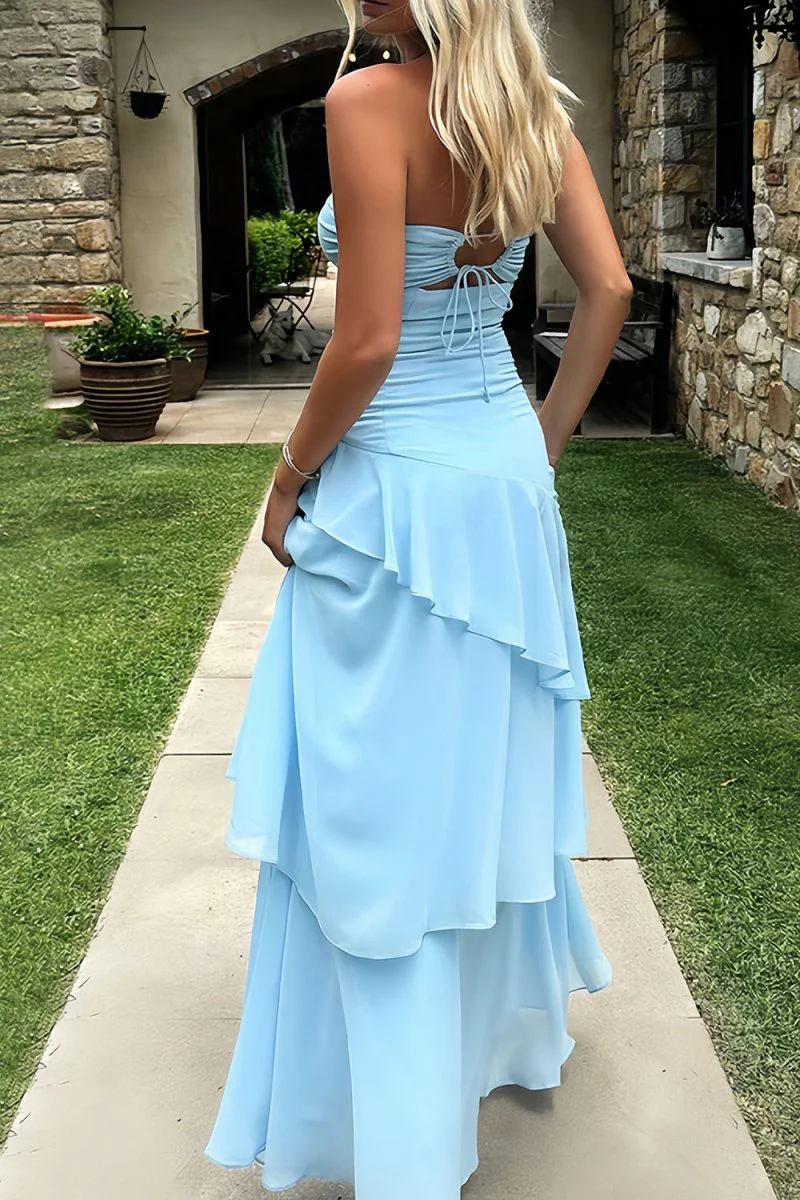 Blue - Sheath Strapless Chiffon Long Prom Dresses With Ruffles