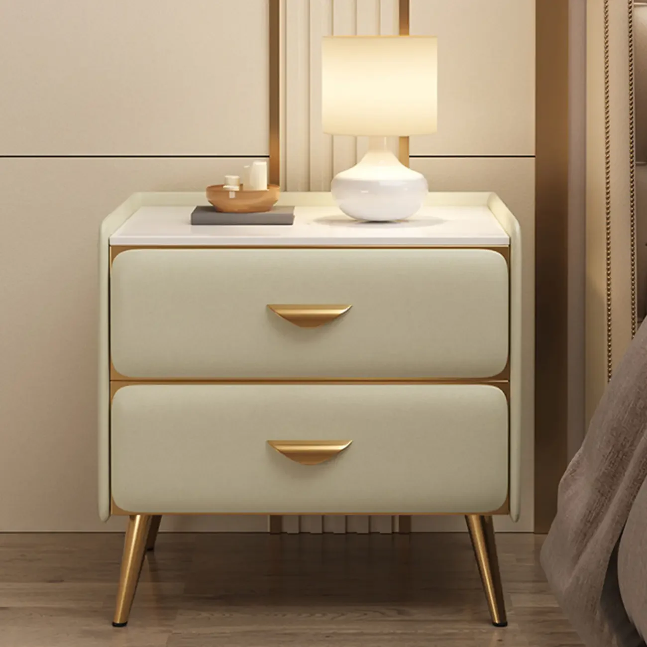 Elegant Stone Top Gold Accents Nightstand with 2 Drawers