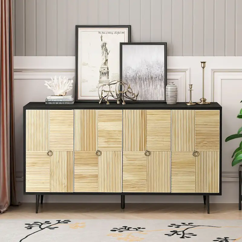 Brown / Black Retro 4-Door Cabinet — Double-Layer Storage