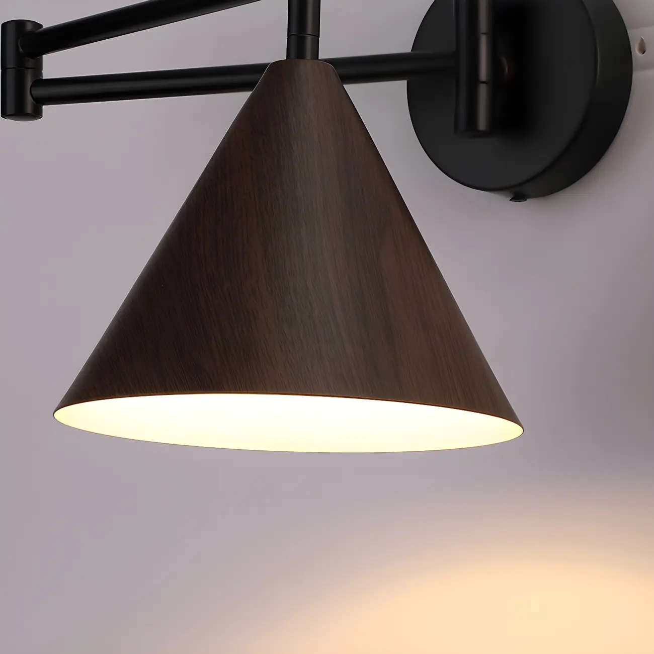 Black Metal Swing Arm Wall Light with Wood Shade
