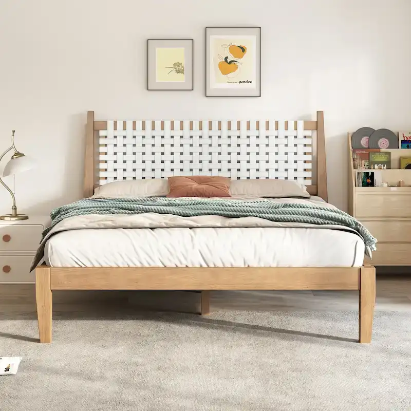 White & Natural Queen Platform Bed, Woven Faux Leather, Solid Wood, Sleeps 2