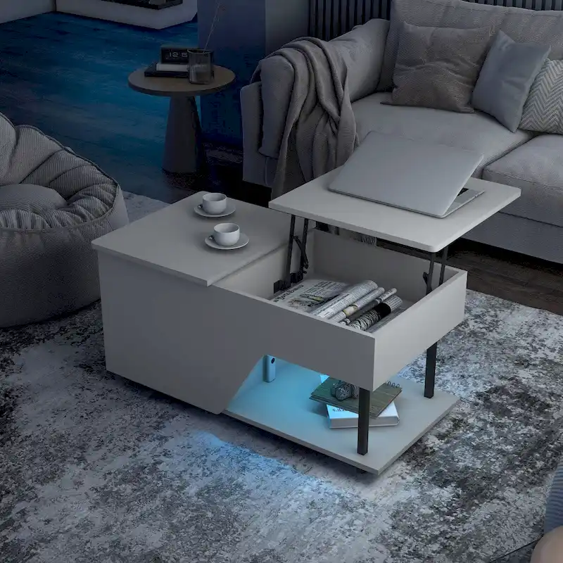 37-Inch Lift Top Coffee Table with 16-Color LED Light and Adjustable Shelf