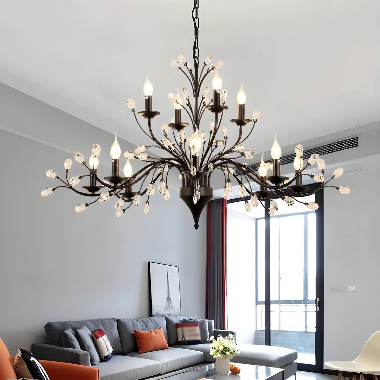 Modern Elegant Black Branch Crystal Candelabra Chandelier