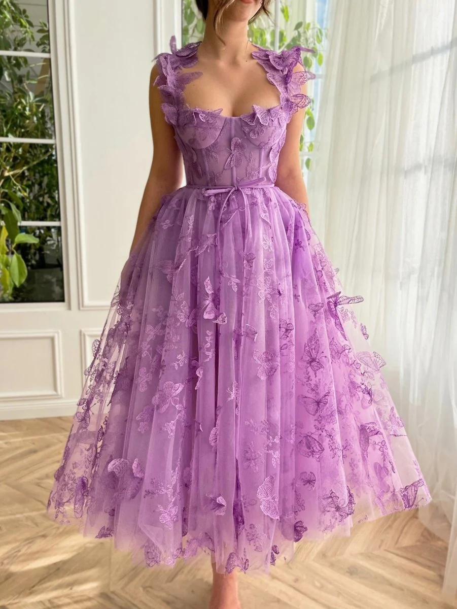 Aline Tulle Midi Prom Dress with 3D Butterflies