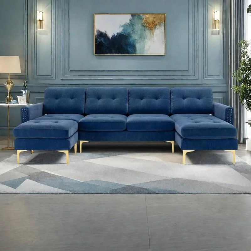 110.6 Velvet L-Shaped Sectional Sofa with Movable Ottoman and Storage Pockets