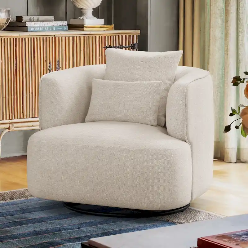 Wheat / Navy Blue / Grey / Beige Fabric 360° Swivel Barrel Accent Chair, Single Seat