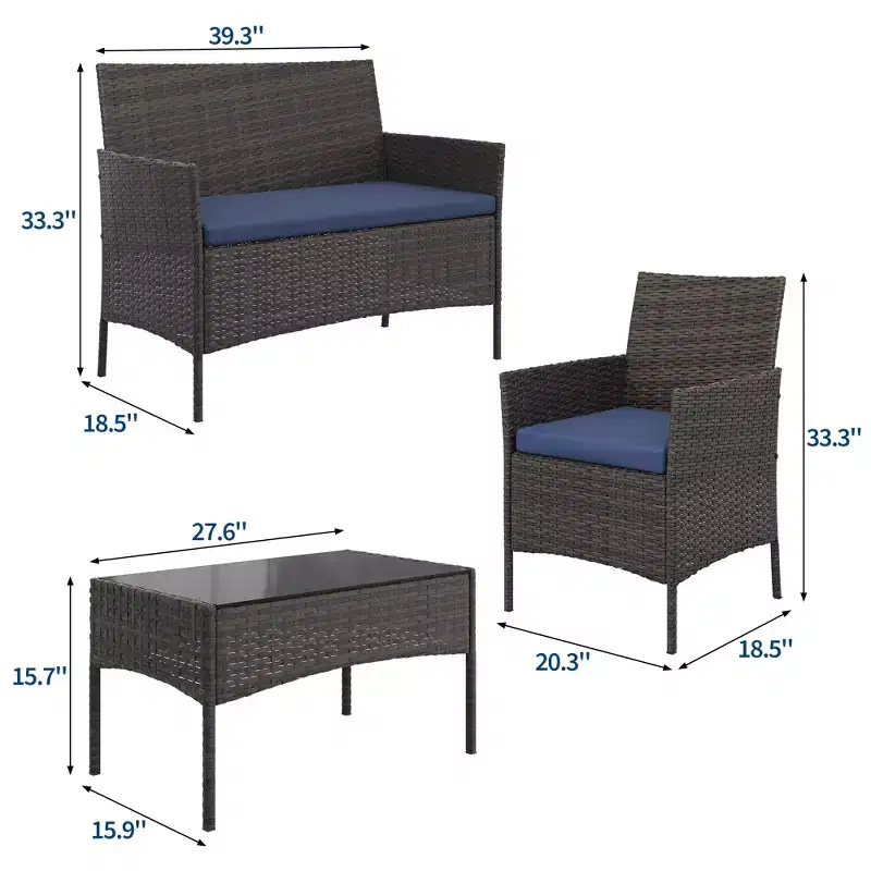 4-Piece Patio Furniture Set, Rattan Outdoor Sofa with 2 Chairs & Coffee Table, Modern Bistro Set for Garden & Backyard