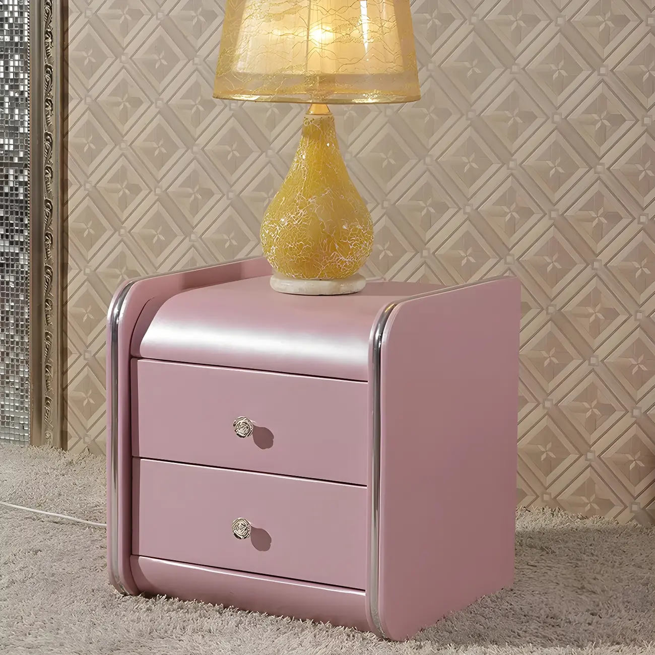 Luxurious Glossy Leather Wooden 2 Drawer Black Nightstand