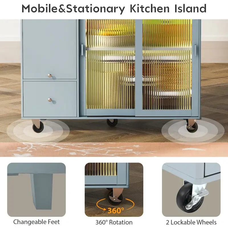 44 in. W Kitchen Island Rubber Wood Drop-Leaf Countertop on 5 Wheels with an Adjustable Shelf and 2 Drawers - 44