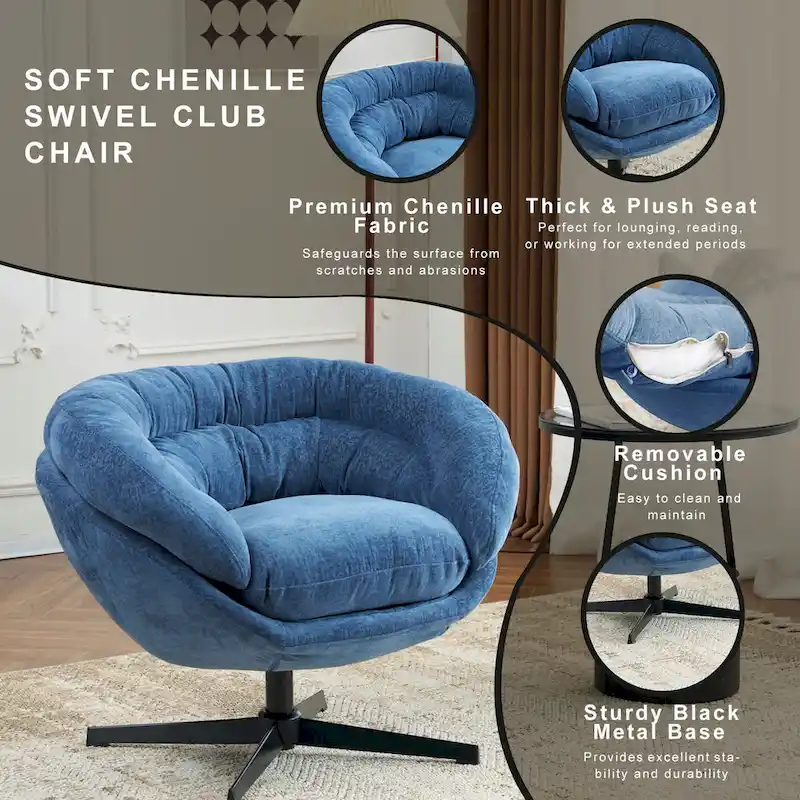 Chenille Upholstered 360 Swivel Club Chair/Accent Chair with Removable Cushion, Round Office Chair with Black Metal Base